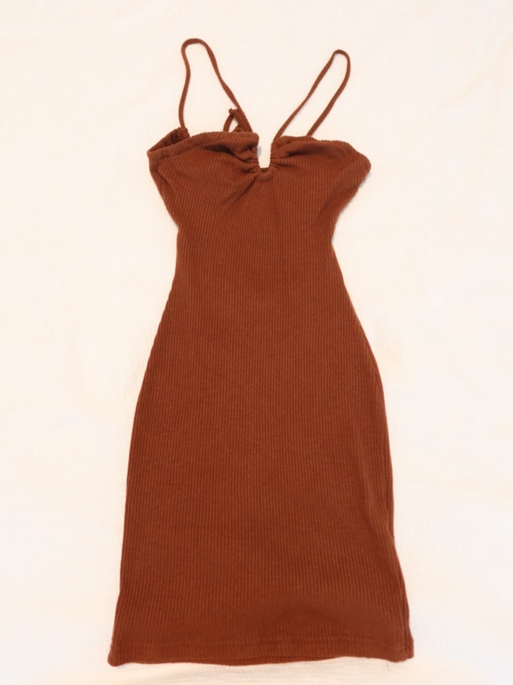 Brown Ribbed Spaghetti Strap Dress